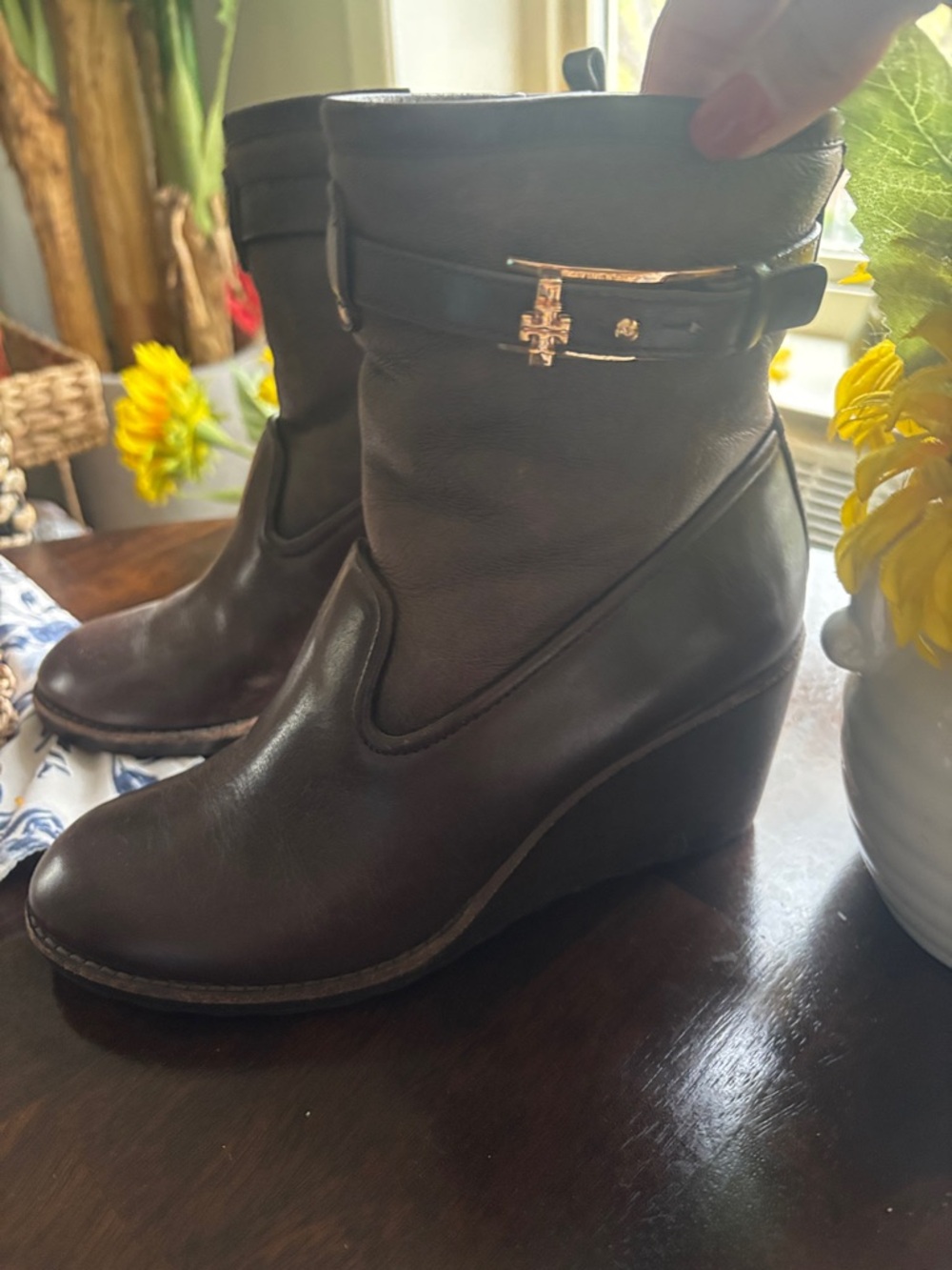 Women's brown Wedge Ankle Boots with Gold Buckle